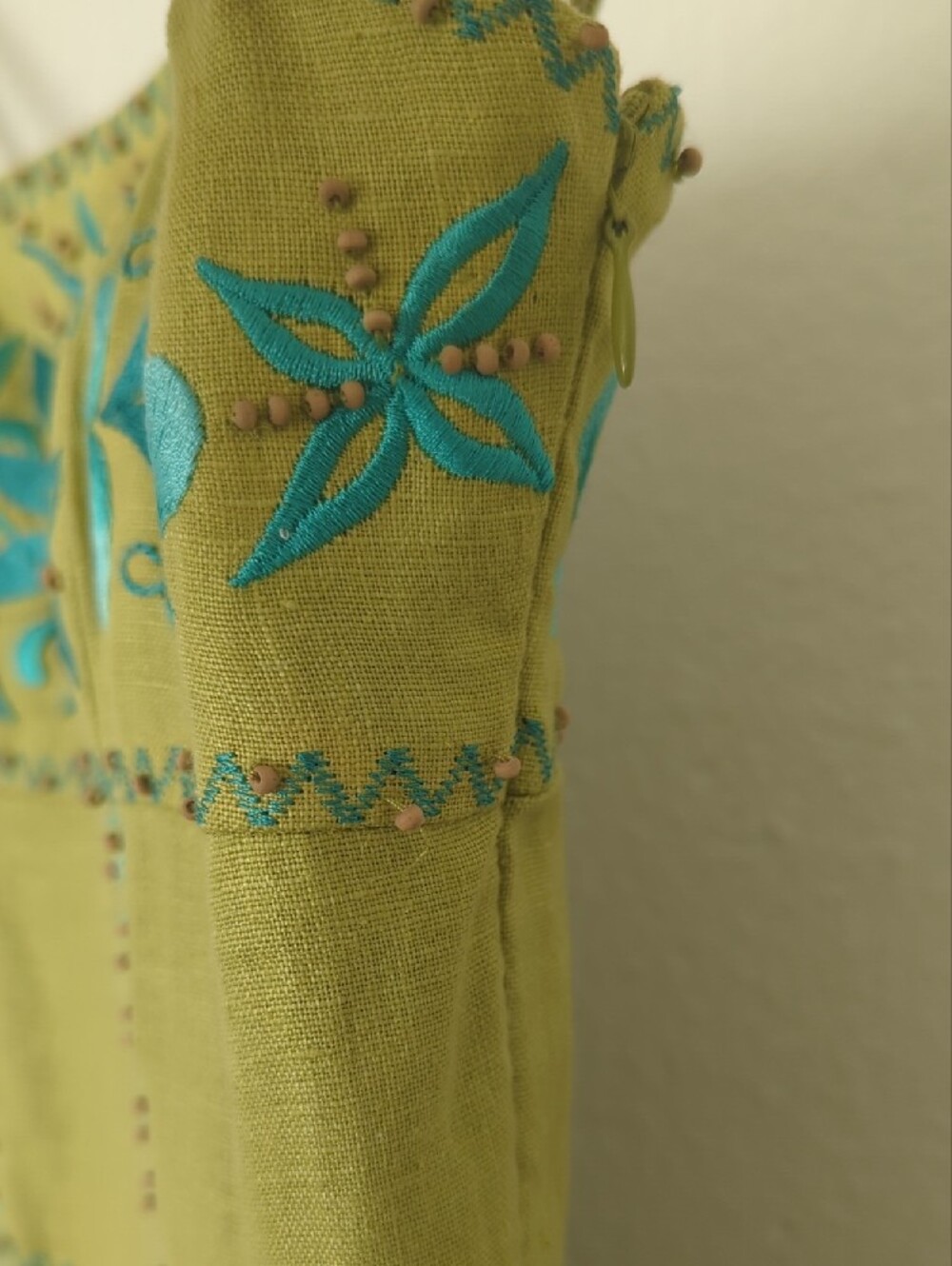 Y2K Sue Wong Linen Spaghetti Strap Dress with Floral Embroidery & Wood Beads - Picture 17 of 17